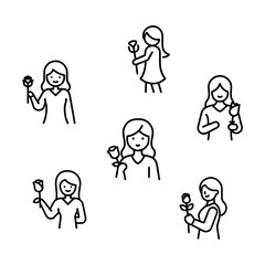Collection of simple line art icons of women holding roses