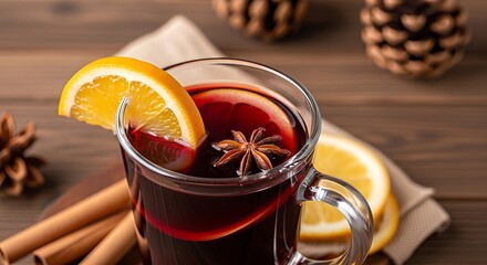 Festive mulled wine in a clear mug, garnished with an orange slice and star anise, surrounded by cinnamon sticks on wood.
