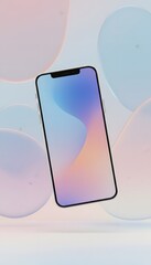 Sleek contemporary mobile device displaying a vibrant abstract gradient screen, elegantly suspended in a luminous digital environment with blurred pastel elements