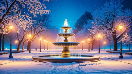 Illuminated fountain in snowy winter park at night
