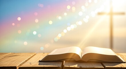 An open Bible rests on a rustic wooden table, bathed in warm light with a glowing cross and soft rainbow bokeh in a spiritual background.
