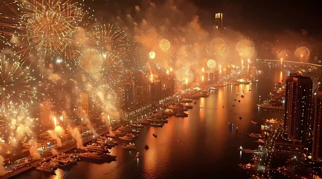 Spectacular New Year's Eve Golden Fireworks Show Over Modern City Waterfront