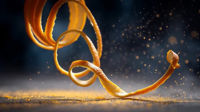 Orange peel spiral floating with zest particles