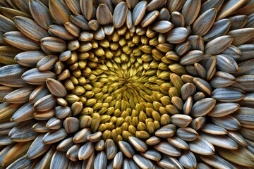 Highly detailed macro pattern of sunflower seeds arranged in a spiraling geometric formation showing natural symmetry and texture