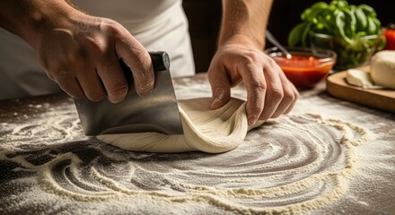 Hands of male baker working dough with utensil for artisanal pizza prep