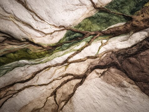 Natural stone surface with organic branching veins in earthy brown and green tones creating a detailed geological abstract texture