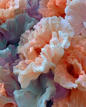 Dreamy pastel abstract floral forms with flowing ruffled textures in soft coral, peach, lavender, and blue tones for artistic backgrounds