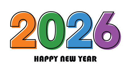 Vibrant 2026 Happy New Year typography design featuring bold multicolor numerals with gradient highlights and modern festive styling, perfect for celebration graphics and holiday greetings