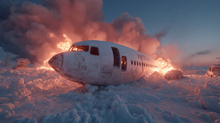 Minimalist airplane accident in frozen tunnel with broken wings, aviation disaster and winter concept with dramatic scene and suspenseful atmosphere, Generated AI