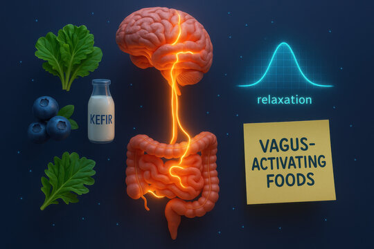 Vagus nerve gut brain axis concept promoting relaxation and health. This anatomy illustration shows glowing connection between brain and intestine, nutrition and food