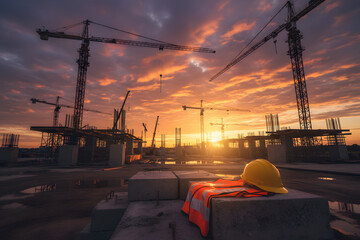 urban construction project with workers and cranes at sunset