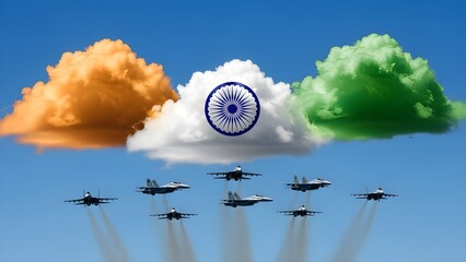 Indian Air Force jets flying in formation under a sky with clouds shaped and colored like the Indian national flag, symbolizing patriotism and national pride.