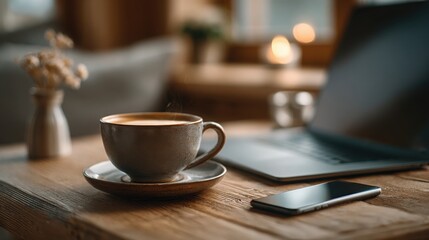 A warm cup of coffee next to a mobile phone on a serene workspace design for creative professionals working remotely