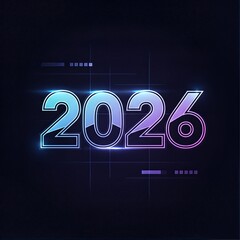 Futuristic glowing digital number 2026 with a vibrant gradient effect on a dark technological background.