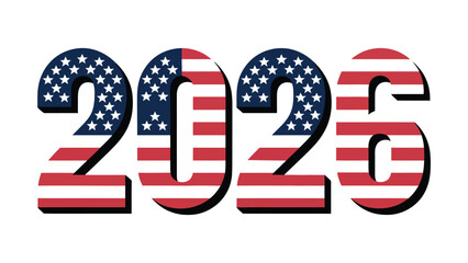 USA flag themed 2026 typography design featuring bold patriotic numerals with American flag pattern, ideal for Independence Day, elections, national celebrations, and promotional graphics