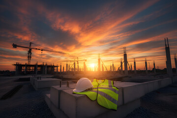 modern construction site with cranes and workers at dusk