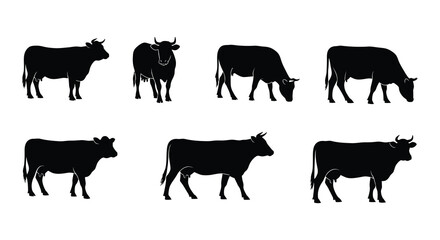 A collection of black silhouettes depicting various poses of cattle and cows