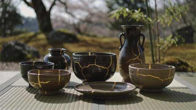 Kintsugi technique of Japanese gold ceramic repair, highlighting cracks with lacquer and precious metal powder. Ancient art of restoring pottery by making imperfections beautiful.