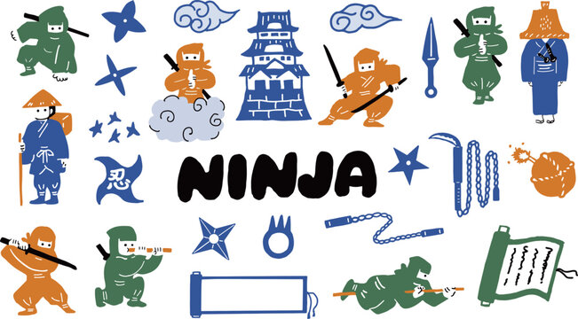 忍者と和風の人物・道具のイラストセット　忍びの動作・武装・古風アイテムの手描き風デザイン