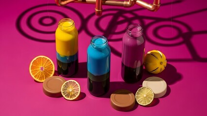 Naklejka premium Birds-Eye View of Recycled Bottles with Layered Adaptogenic Smoothies