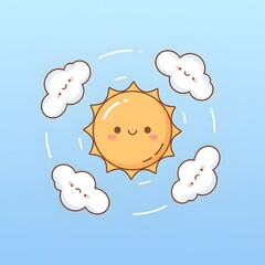 Charming cartoon illustration of a cheerful, smiling sun surrounded by five adorable, fluffy white clouds, gently orbiting in a serene light blue sky, symbolizing a bright and happy weather