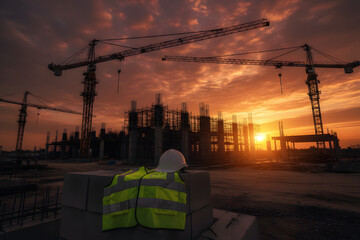 construction workers at building site during dramatic sunset