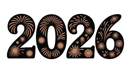 Elegant 2026 typography filled with decorative fireworks patterns in warm golden tones, festive celebratory new year design ideal for holiday greetings, party themes and seasonal event graphics