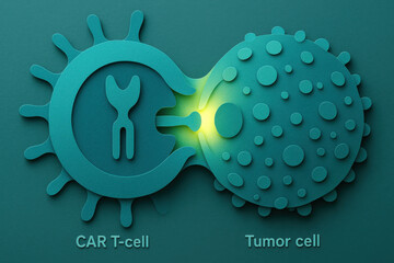 Medical illustration of powerful CAR T cell attacking tumor cell. This immunotherapy concept shows chimeric antigen receptor for hopeful cancer treatment and therapy
