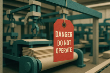 Suspended red danger tag on manufacturing machine shows serious warning. Do not operate this factory equipment during shutdown for safety or maintenance