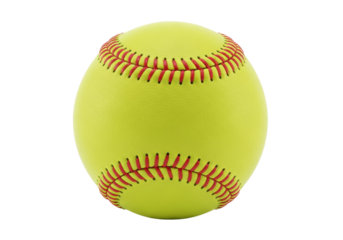 Flawless optic yellow softball with thick red stitching, extreme macro focus-stacked detail, isolated on a blinding white high-key studio background with copy space. Concept of sports gear