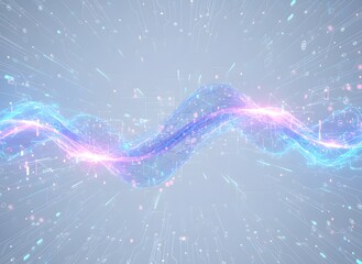 Abstract blue and pink glowing wave pattern with sparkling lights on a white background, representing energy and data flow