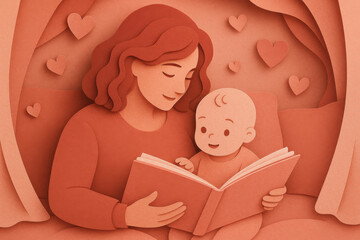 Paper cut illustration of mother reading book to her baby in cozy environment. This family artwork in warm pink tones expresses tender maternal love and affection