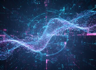 Futuristic Digital Data Stream and Glowing Particle Wave in a Complex Cyber Network Environment, Representing Advanced AI Technology, Big Data Processing, and Abstract Information Flow