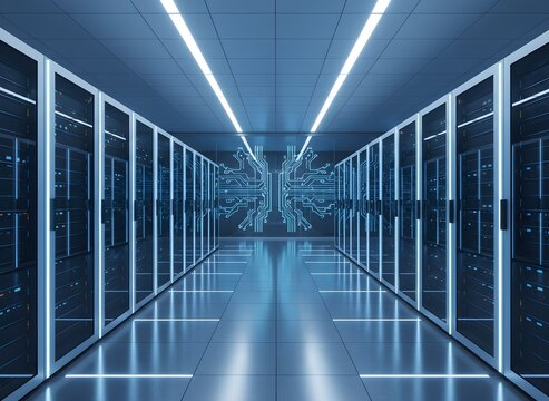 Futuristic Blue-Lit Corridor of Data Servers and Advanced Network Infrastructure, Symbolizing Global Digital Connectivity and High-Performance Computing