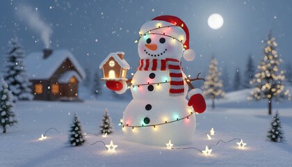 Festive snowman with twinkling lights and a miniature gingerbread house in a snowy winter scene