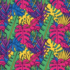 Vibrant Tropical Foliage Seamless Pattern Exotic Jungle Leaves in Bold Colors