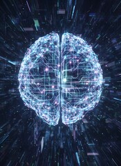Abstract representation of a futuristic digital brain glowing with blue and pink lights against a dark, technological background, symbolizing artificial intelligence and connectivity