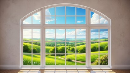 Idyllic Green Landscape Seen Through a Grand Arched Window on a Bright Summer Day