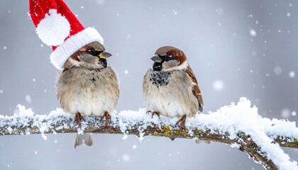 Two birds on snowy branch, one with Santa hat, serene winter scene with falling snow.
