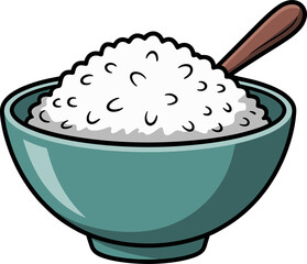 Cartoon drawing of a blue bowl filled with white rice, and a brown wooden spoon inside.