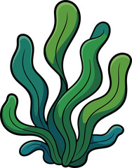 Illustration of vibrant, flowing green aquatic plant against a solid black backdrop design.