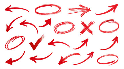 Extensive collection of hand-drawn red brush stroke elements including various arrows, circles, check marks, and X-marks for highlighting, correcting, and pointing