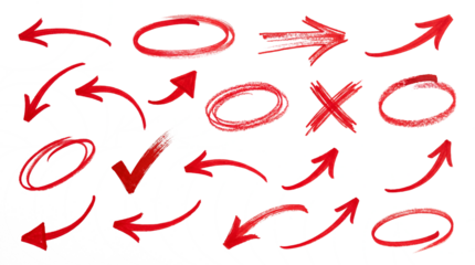 Extensive collection of hand-drawn red brush stroke elements including various arrows, circles, check marks, and X-marks for highlighting, correcting, and pointing