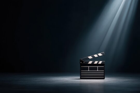 Spotlight Cinema Contrast concept. Film clapperboard illuminated by dramatic light in a dark setting.