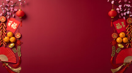 Chinese New Year flat lay on vibrant red, featuring traditional lanterns, red envelopes, and plum blossoms, symbolizing prosperity and good fortune for Spring Festival