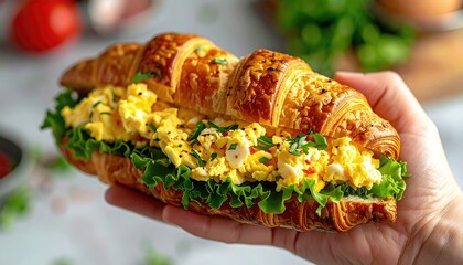 Hand holding croissant egg salad sandwich