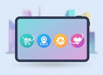 Digital tablet displaying essential application icons for shopping, location, settings, and health, symbolizing modern digital services and versatile user experiences