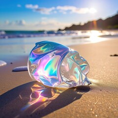 Iridescent trash bag on sandy beach
