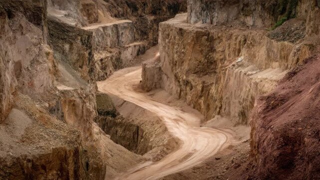 Deep Open Pit Mine with Terraced Walls and Winding Road Excavation in Harsh Sunlight Revealing Textures of Rock and Soil in Earthy Brown and Gray Tones