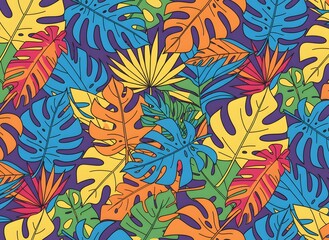Colorful seamless pattern of diverse tropical leaves in vibrant hues, creating an exotic jungle foliage background. Ideal for textile, wallpaper, or web design projects